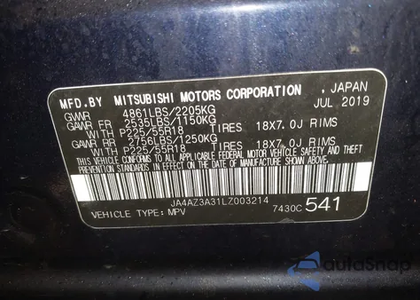 2020 Mitsubishi Outlander Es 2.4 S-Awc/Le 2.4 S-Awc/Se 2.4 S-Awc/Sel 2.4 S-Awc/Sp 2.4 S-Awc from USA, damaged, VIN JA4AZ3A31LZ003214